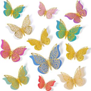 12 Mariposas 3d Papel Metalizado Decorativas Pared Dorado