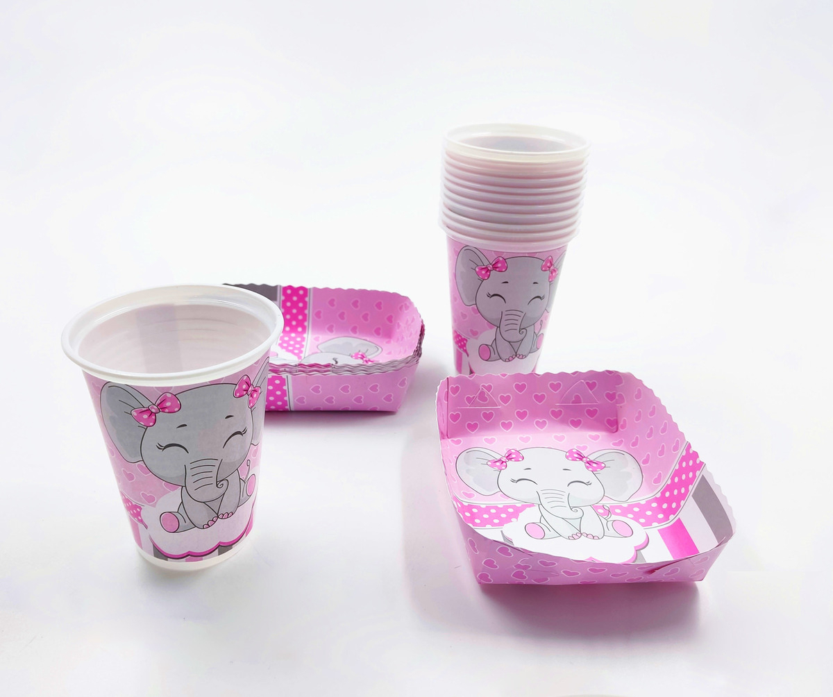 Kit 12 Vasos Platos Decorativos Baby Shower Elefante Niña - Imagen 2