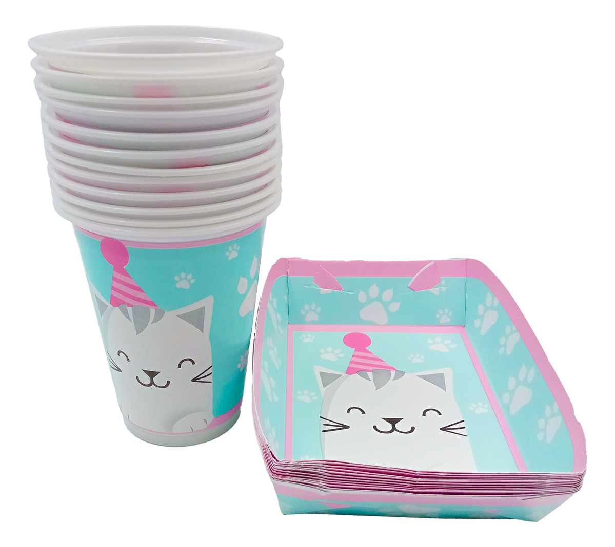 Kit Platos Vasos Ponque Gato Gatito Fiesta Aguamarina Oferta