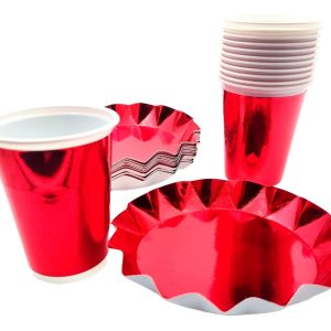 Kit Vasos Platos Estrella Rojo Metalizado X 10 Personas Top