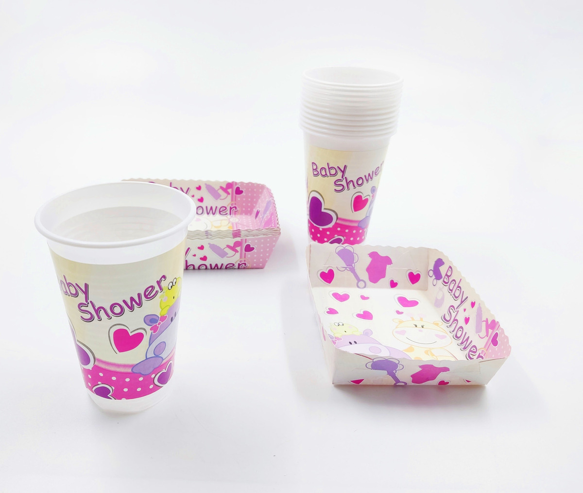 Kit 12 Vasos Platos Decorativos Baby Shower Niña Animales - Imagen 2