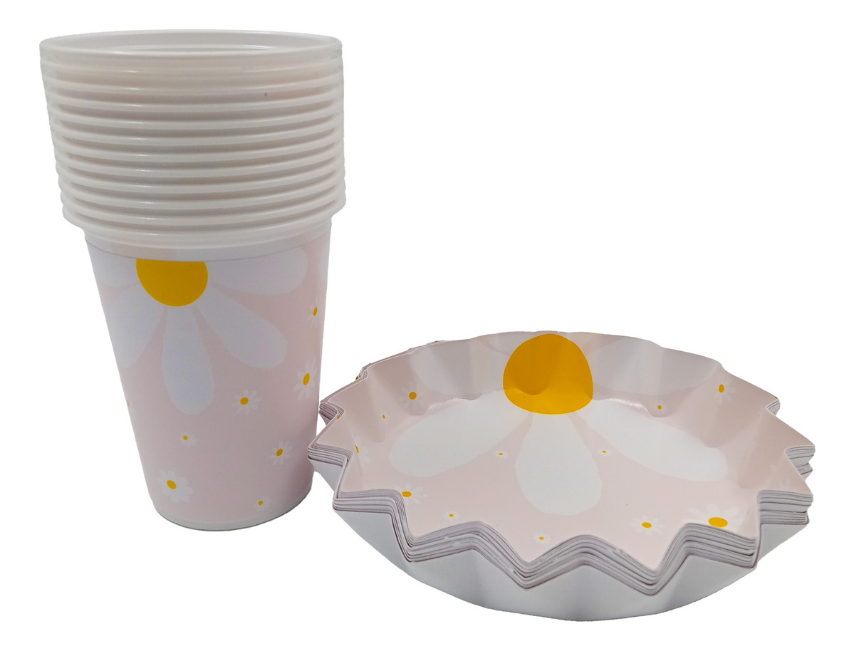 Kit Vasos Platos Estrella Margarita Flor Rosado Pastel Ya