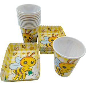 Kit Vasos Y Platos Bandeja Abejita Amarillo Flor Abeja