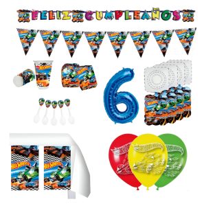 Hot Wheels Kit Carros Carreras Globos Numero Platos Vasos