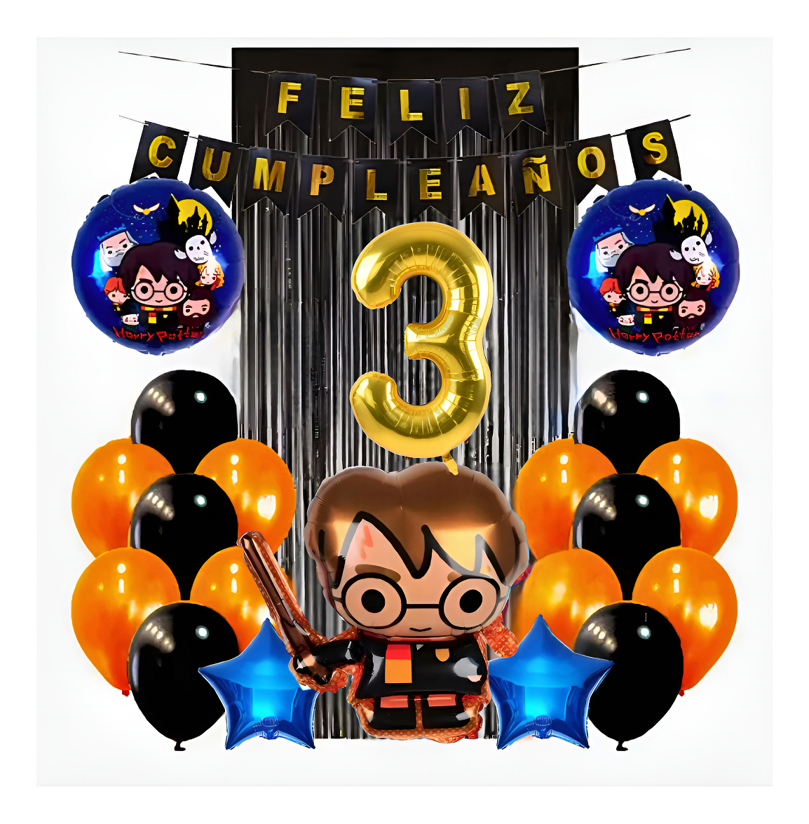 Kit Harry Decoracion Cumpleaños Numero Naranja Negro Globos - Imagen 3