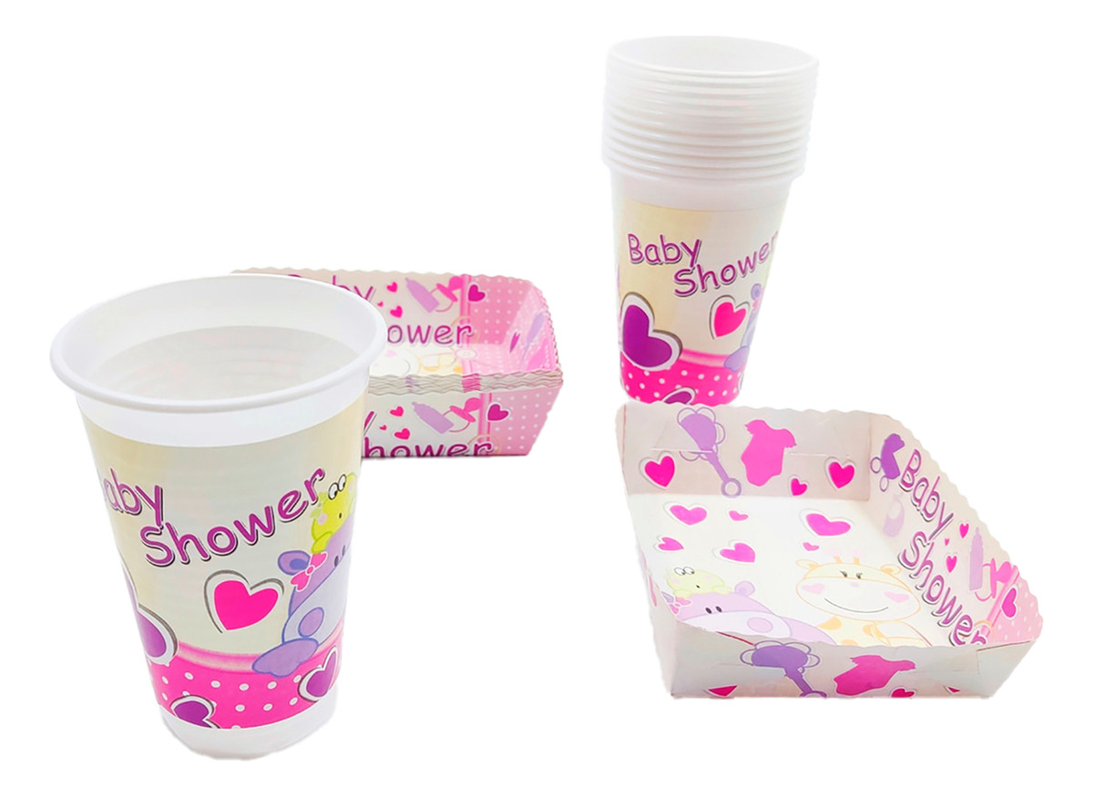 Kit 12 Vasos Platos Decorativos Baby Shower Niña Animales