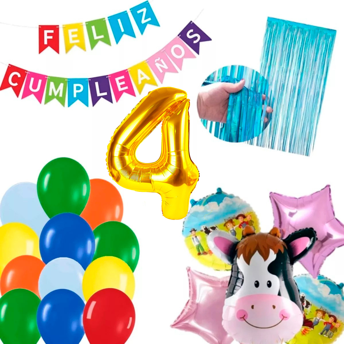 Kit Globos Decoracion Vaca Granja Numero Cortina Azul Dorado - Imagen 8