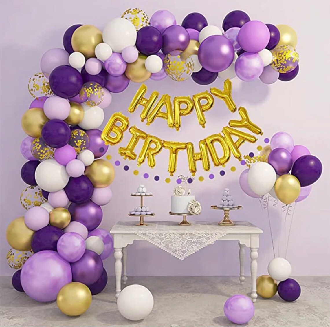 Arco Globos Cumpleaños Dorado Morado Blanco Letrero Comprar - Imagen 2