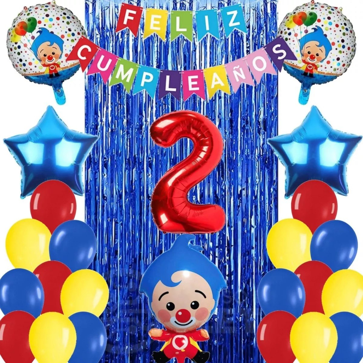 Kit Globos Decoracion Payaso Plim Azul Rojo Cortina Circo - Imagen 2