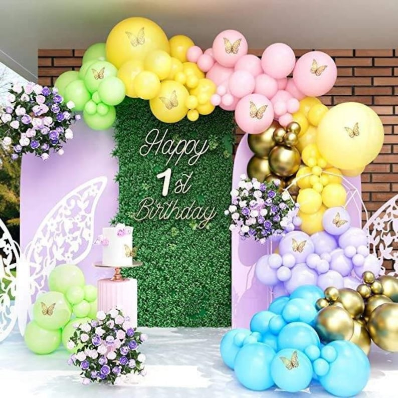 Arco Globos Iris Rosado Azul Morado 12 Mariposas Comprar - Imagen 2