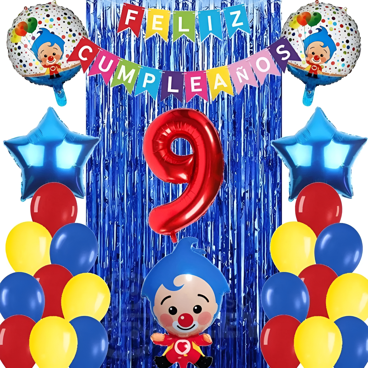 Kit Globos Decoracion Payaso Plim Azul Rojo Cortina Circo - Imagen 9