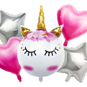 Bouquet Globos Kit Unicornio Rosado Plateado Niña Arcoiris