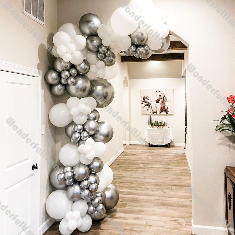 Arco Globos Plateado Blanco Boda Bautizo Comunion Cumpleaños - Imagen 2