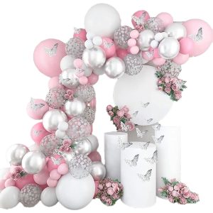 Arco Globos Plateado Rosado 12 Mariposas Promo Original Top