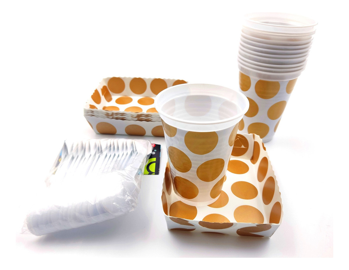 Kit Vasos Platos Cubiertos Puntos Dorados Polka X12 Units - Imagen 2