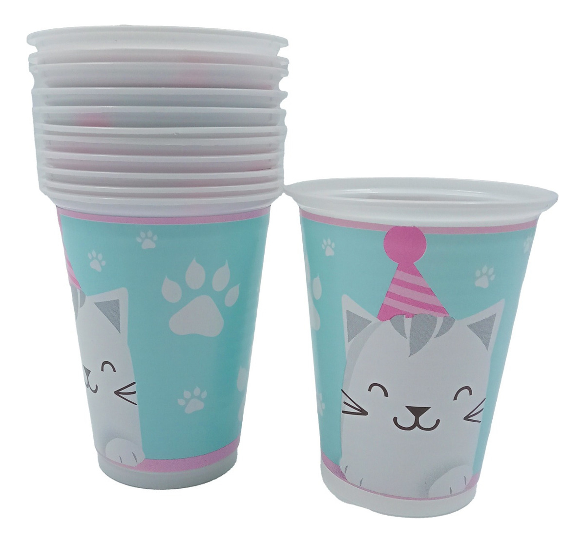 Kit 12 Vasos Plastico Gato Sombrero Aguamarina Huellitas