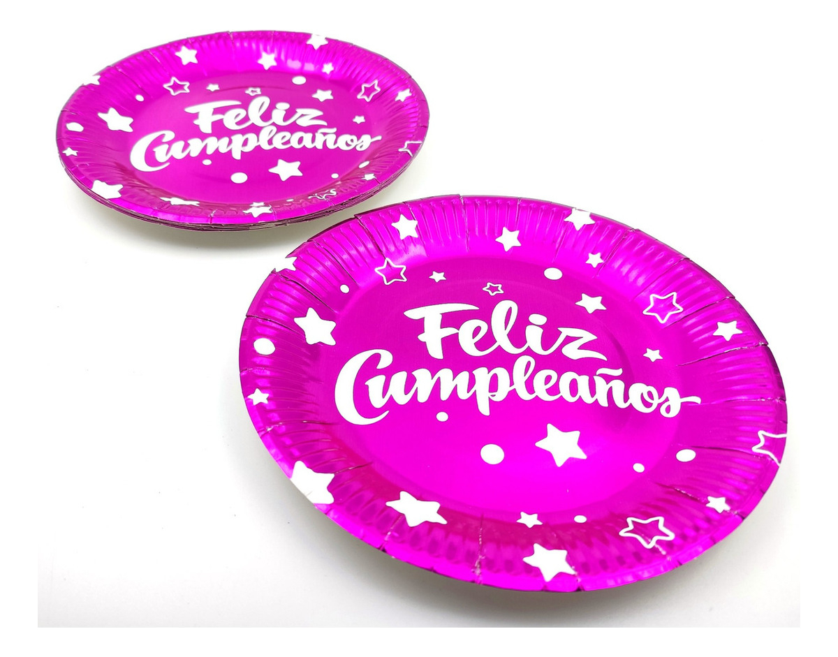 Plato Fucsia Metalizado Feliz Cumpleaños X 10 Unidades Promo - Imagen 2
