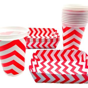 Kit Vasos Platos Fiesta Blanco Rojo Rayas Picnic X12 Units