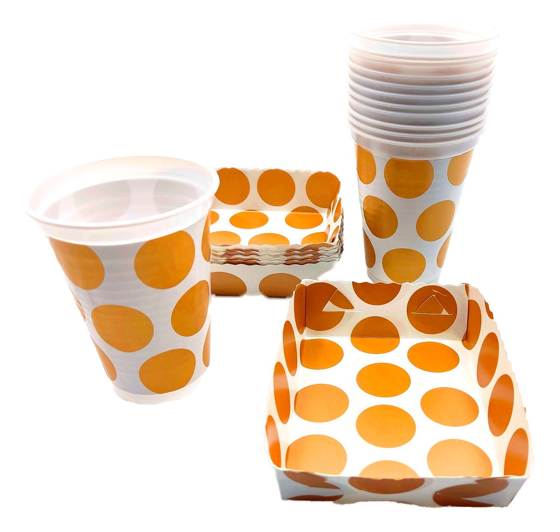 Kit Fiesta Vasos Platos Puntos Dorados Polka X12 Units Ya