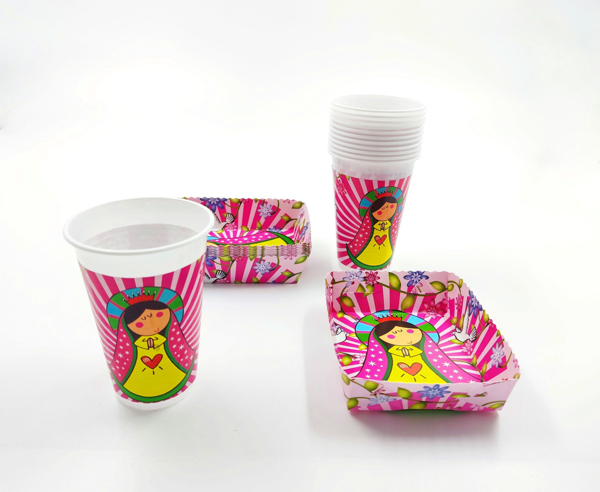 Kit 12 Vasos Platos Decorativos Virgen Maria Promo Original - Imagen 2