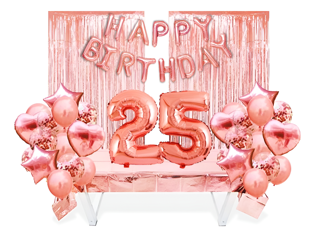 Kit Decoracion Mantel Numero Cortina Cumpleaños Oro Rosa