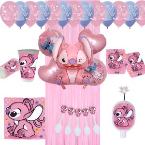 Kit Lilo Stitch Angel Cortina Rosado Globos Vasos Plato Vela