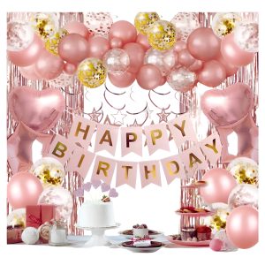 Kit Globos Cortina Feston Oro Rosa Fiesta Cumpleaños Niña