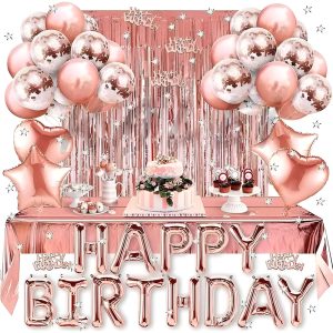 Kit Cumpleaños Oro Rosa Cortina Mantel Letrero Fiesta