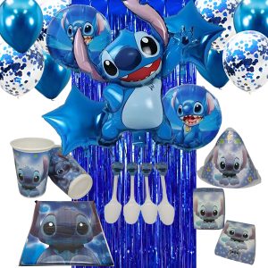 Kit Fiesta Stitch Cortina Mantel Vasos Platos Azul Gorro