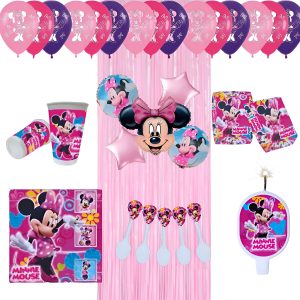 Kit Minnie Globos Fiesta Cortina Mantel Vasos Platos Vela
