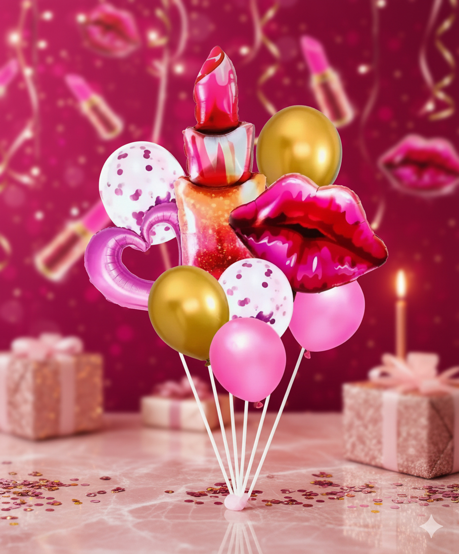 Bouquet Globos Labios Labial Metalico Cumpleaños Fiesta Beso