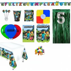 Kit Fiesta Minero Bloques Video Juego Cortina Numero Vasos