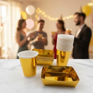 Kit Vasos Platos Cuadrado Oro Rosa Metalizado X10 Personas