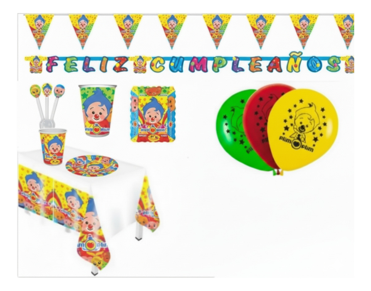 Kit Circo Payaso Plim Globos Vasos Platos Mantel Niño Oferta