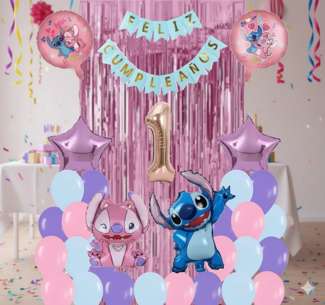 Bouquet Globos Niña Stitch Angel Cortina Numero Feston Ya