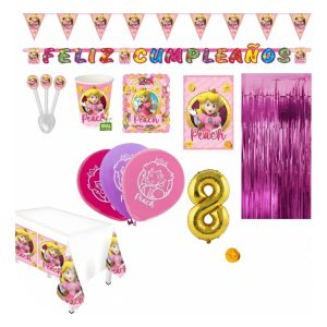 Kit Mario Princesa Peach Rosado Globos Mantel Vasos Platos