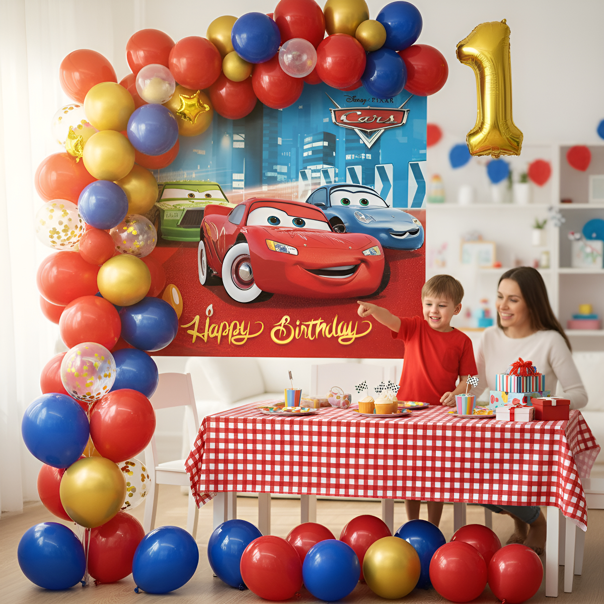 Decoracion Globos Cars Rojo Azul Dorado Cumpleaños Niño Hoy